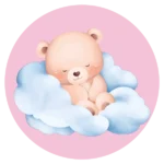 De ronde muurcirkel sticker met een slapende baby beer op wolken en een roze achtergrond koop je op muurteksten.nl