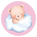 De ronde muurcirkel sticker met een slapende baby beer op een wolk en een roze achtergrond koop je op muurteksten.nl