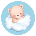 De ronde muurcirkel sticker met een slapende baby beer op een wolk en een blauwe achtergrond koop je op muurteksten.nl