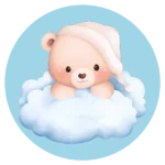 De ronde muurcirkel sticker met een baby beer op een wolk met slaapmuts en een blauwe achtergrond koop je op muurteksten.nl