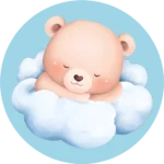 De ronde muurcirkel sticker met een slapende baby beer op wolken en een blauwe achtergrond koop je op muurteksten.nl