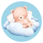 De ronde muurcirkel sticker met een slapende baby beer op een wolk met kussen en een blauwe achtergrond koop je op muurteksten.nl
