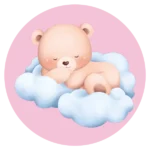 De ronde muurcirkel sticker met een slapende baby beer op wolken en een roze achtergrond koop je op muurteksten.nl