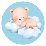 De ronde muurcirkel sticker met een slapende baby beer op wolken en een blauwe achtergrond koop je op muurteksten.nl