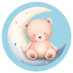 De ronde muurcirkel met een baby beertje op een halve maan met blauwe achtergrond koop je op muurteksten.nl
