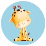 De ronde muurcirkel sticker met een baby giraffe met een blauwe achtergrond koop je op muurteksten.nl