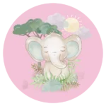 De ronde muurcirkel sticker met een zittende baby olifant met een roze achtergrond koop je op muurteksten.nl