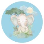 De ronde muurcirkel sticker met een zittende baby olifant met een blauw achtergrond koop je op muurteksten.nl
