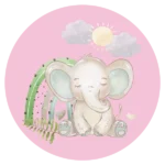 De ronde muurcirkel sticker met een baby olifant met een roze achtergrond koop je op muurteksten.nl
