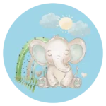 De ronde muurcirkel sticker met een baby olifant met een blauwe achtergrond koop je op muurteksten.nl