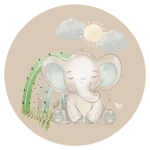 De ronde muurcirkel sticker met een baby olifant met een beige achtergrond koop je op muurteksten.nl